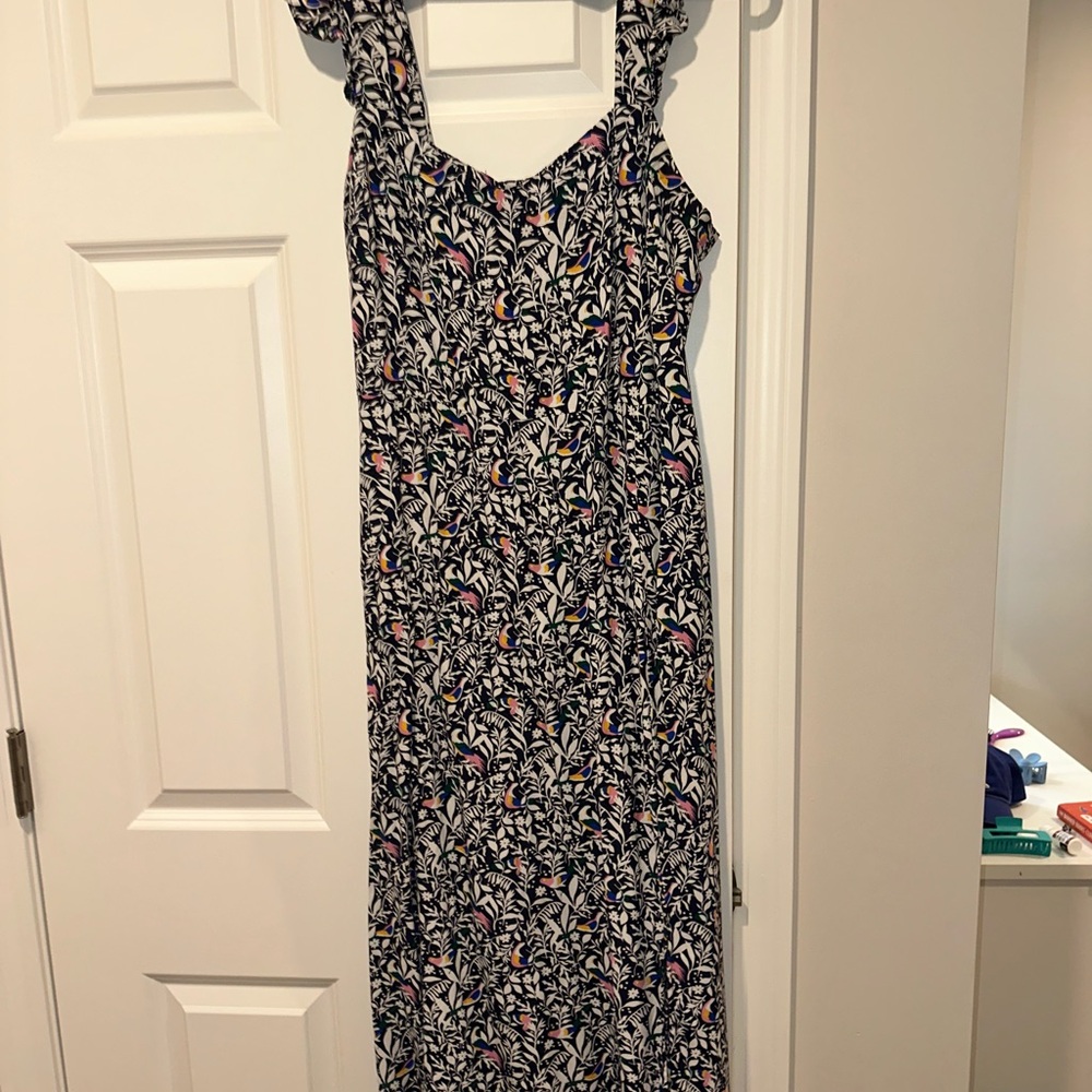 LOFT Navy Floral Dress with Bird Print
